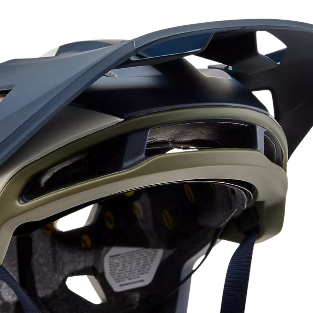 Fox Speedframe Pro MIPS Mountain Bike Helmet, Klif olive, visor view.