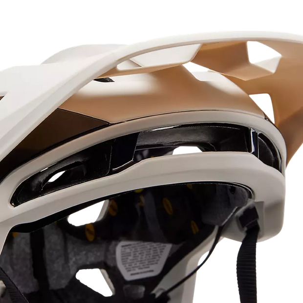 Fox Speedframe Pro MIPS Mountain Bike Helmet, Vintage white, visor view.