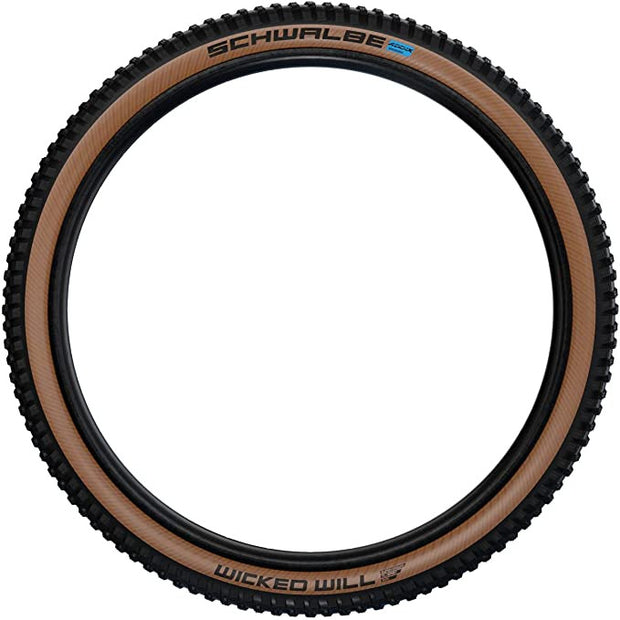 Schwalbe Wicked Will Super Race Mountain Bike Tire 29 x 2.4, black/tan, side view.