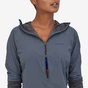 Patagonia Women's Airshed Pro Pullover, Plume Grey. Double Zipper view on a model.