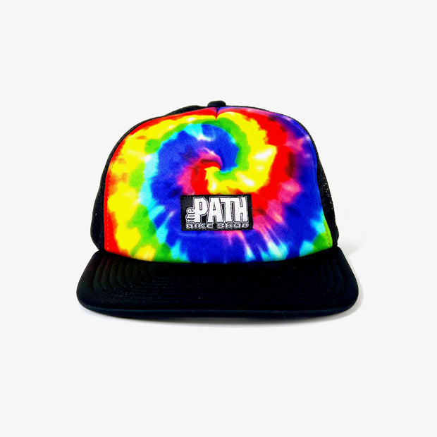 The Path Trucker Hat, Rainbow Tye Dye, Front View