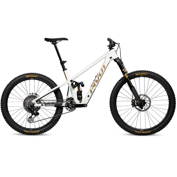2024 Pivot Firebird Team XX AXS w/ Mixed Carbon Wheels, white gold, full view.