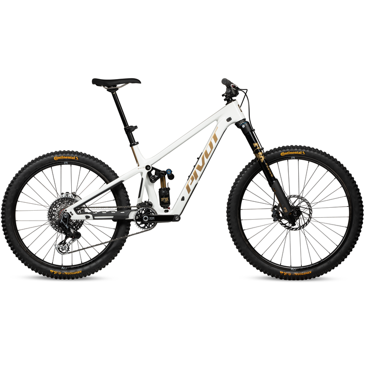 2024 Pivot Firebird Team XX AXS w/ Mixed Carbon Wheels, white gold, full view.