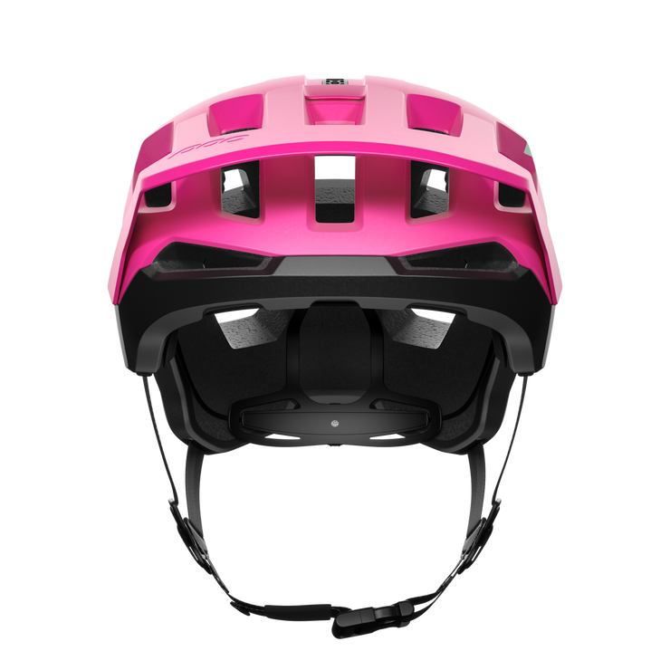 POC Kortal Race MIPS Mountain Bike Helmet, Fluorescent Pink/Uranium Black Matte, front view.