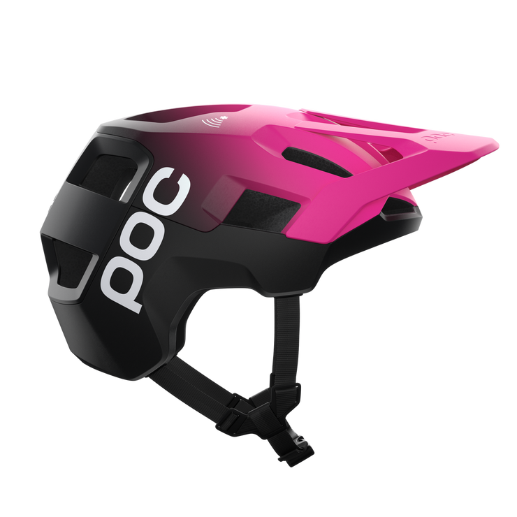 POC Kortal Race MIPS Mountain Bike Helmet, Fluorescent Pink/Uranium Black Matte, side view.