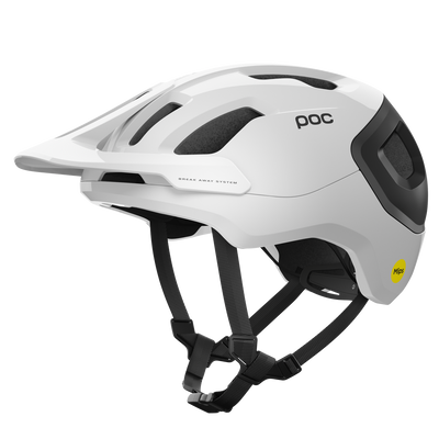 POC Axion Race MIPS Mountain Bike Helmet, hydrogen white / uranium black, full view.