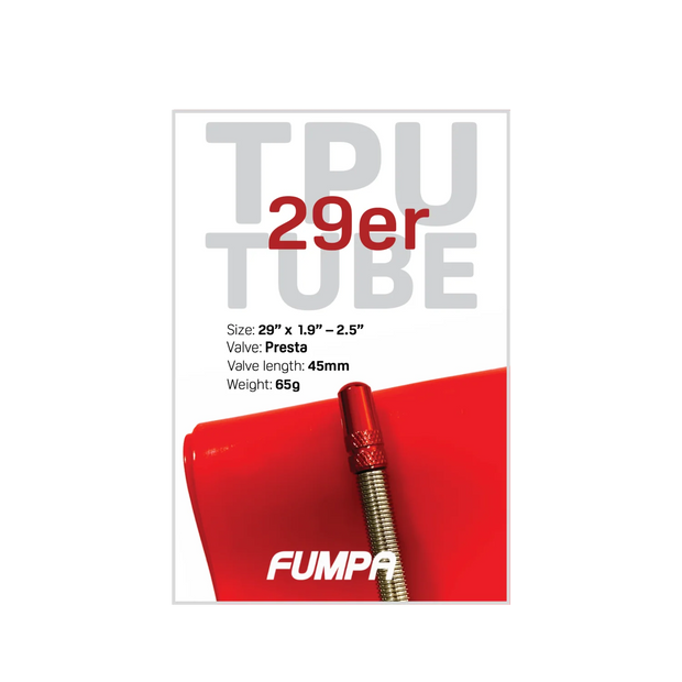 TPU tube packaging with red valve and Fumpa branding on a white background