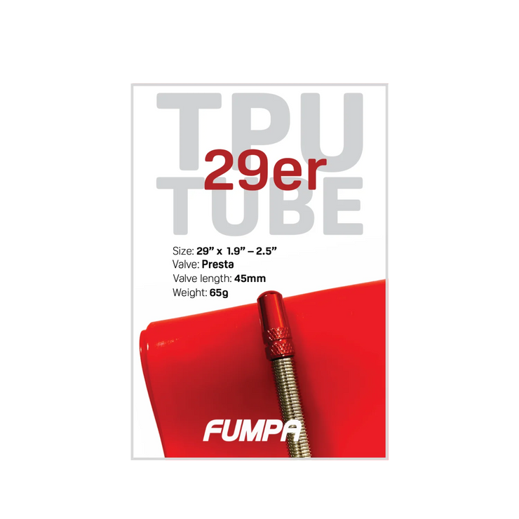 TPU tube packaging with red valve and Fumpa branding on a white background