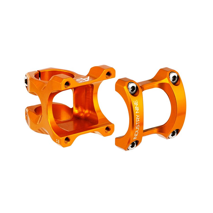 Industry Nine A35 32mm 9° Mountain Bike Stem, orange, full view.