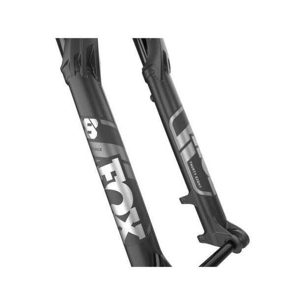 Fox 38 Float Performance Series Mountain Bike Fork, 27.5", 170mm, Grip2, 2021, matte black, lower stanchion view.