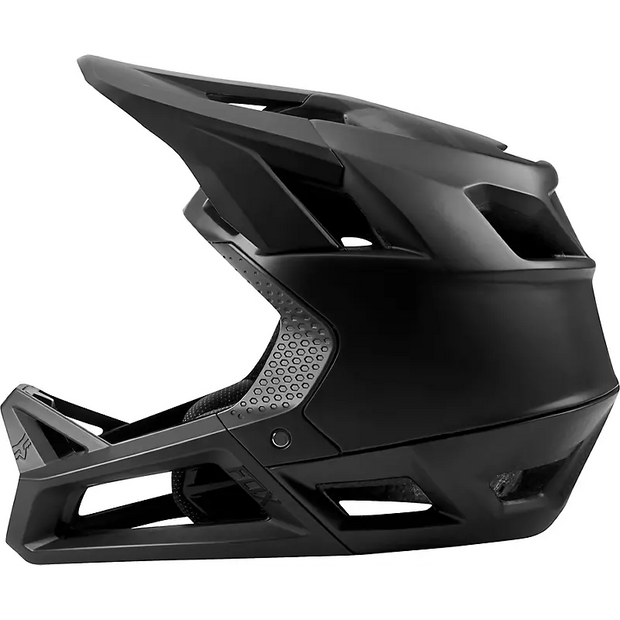 Fox Proframe Full-Face Mountain Bike Helmet, matte black, profile view.