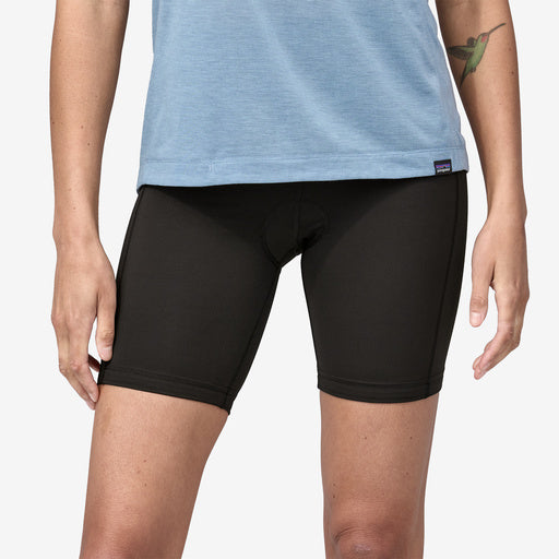 Patagonia Womens Nether Bike Shorts, black, front view on model.
