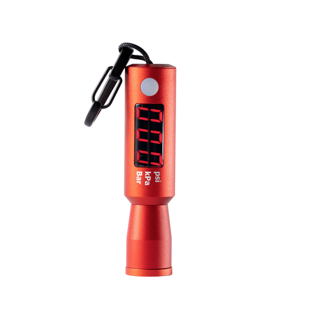 Red digital device with a keychain on a white background