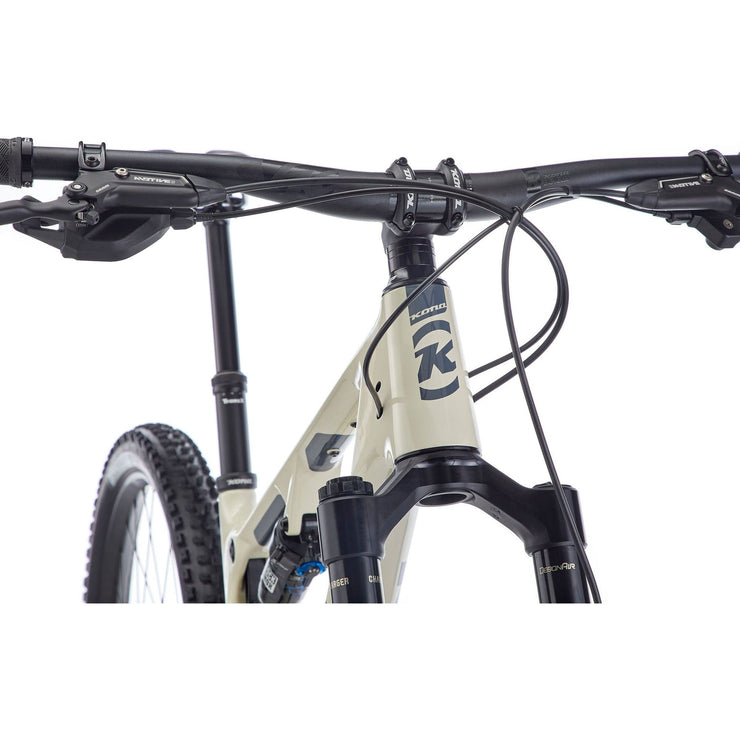Kona Hei Hei CR, Gloss Bone w/ Charcoal Decals, head-on view.