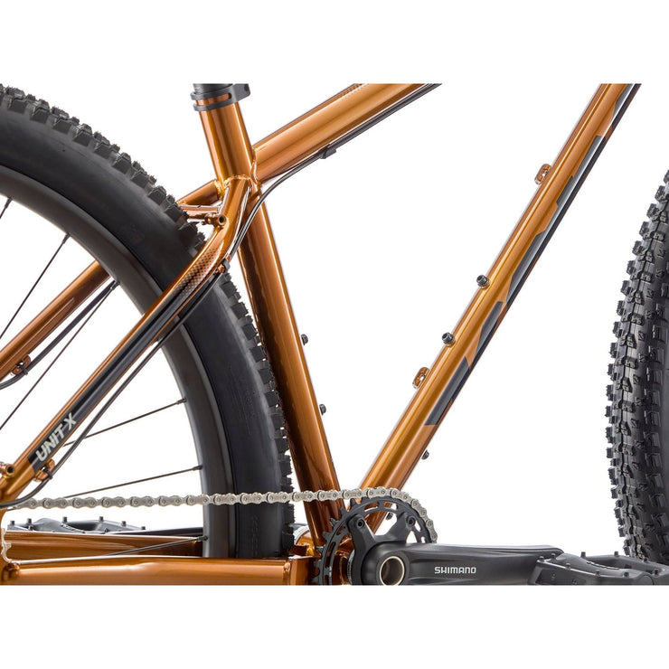 2025 Kona Unit X, gold, bottle cage bolts view.
