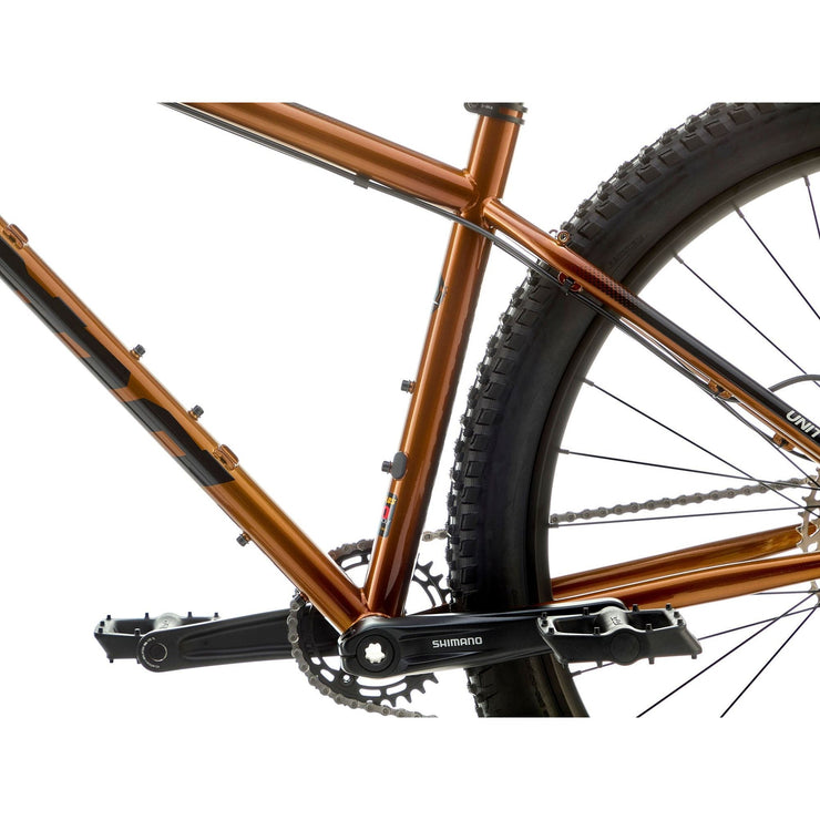 2025 Kona Unit X, gold, rear brake housing view.