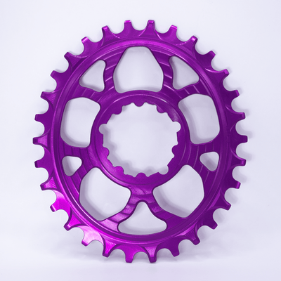 5DEV 12% Oval Chainring, SRAM Direct Mount, 3mm offset, purple, full view.