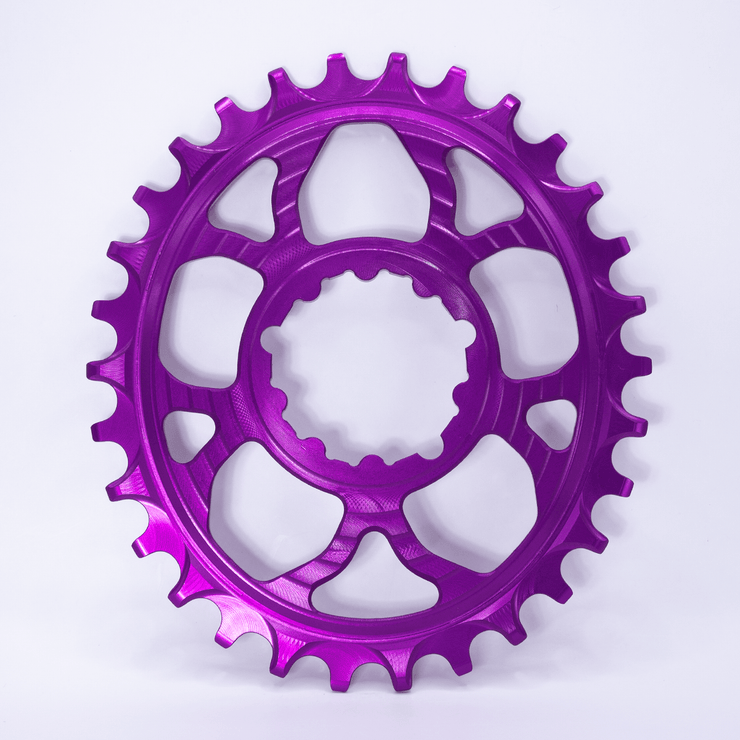 5DEV 12% Oval Chainring, SRAM Direct Mount, 3mm offset, purple, full view.