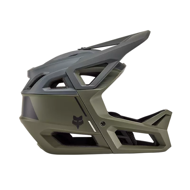 Fox Proframe Full-Face Mountain Bike Helmet, clyzo olive green, profile view.