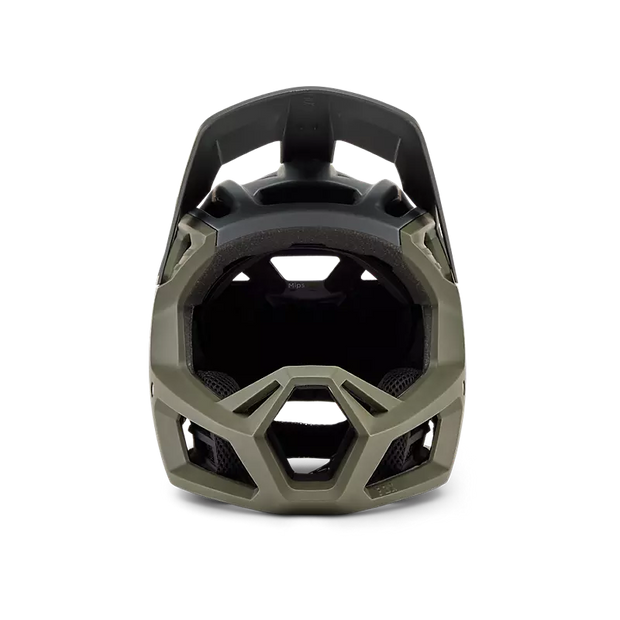 Fox Proframe Full-Face Mountain Bike Helmet, clyzo olive green, front view.