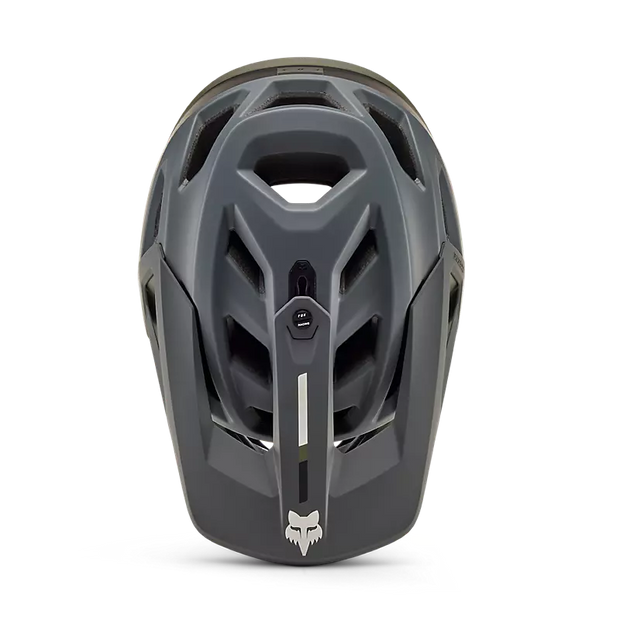 Fox Proframe Full-Face Mountain Bike Helmet, clyzo olive green, top view.