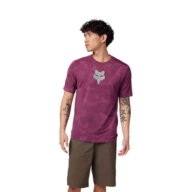 Fox Men's Ranger TruDri Short Sleeve Mountain Bike Jersey, sangria, front view on model.