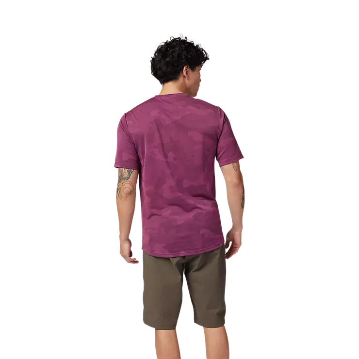 Fox Men's Ranger TruDri Short Sleeve Mountain Bike Jersey, sangria, back view on model.