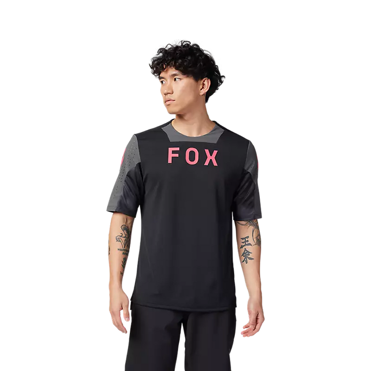 Fox Defend Taunt Short Sleeve Mountain Bike Jersey, black, front view on model.