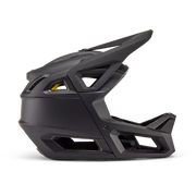 Fox Proframe Youth Full-Face Mountain Bike Helmet, matte black, profile view.