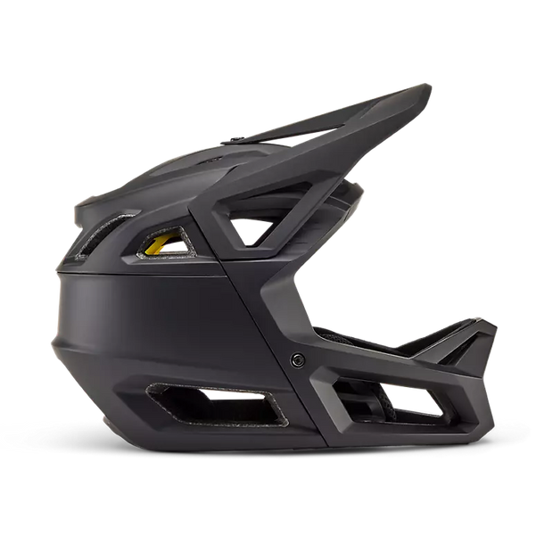 Fox Proframe Youth Full-Face Mountain Bike Helmet, matte black, profile view.