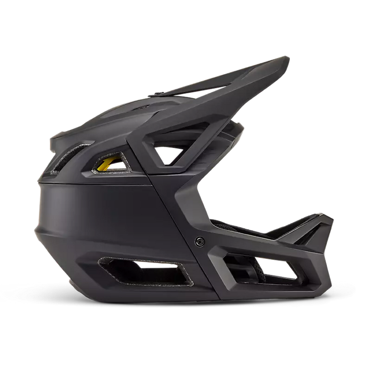 Fox Proframe Youth Full-Face Mountain Bike Helmet, matte black, profile view.