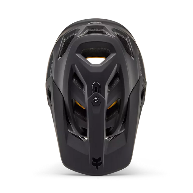 Fox Proframe Youth Full-Face Mountain Bike Helmet, matte black, top view.