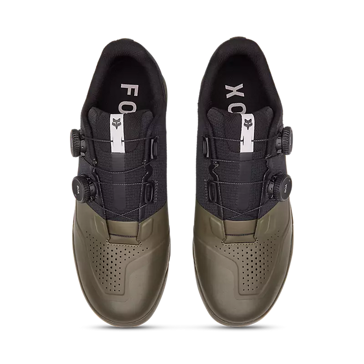 Fox Union Boa Clipless Shoe, military green, top view of pair.