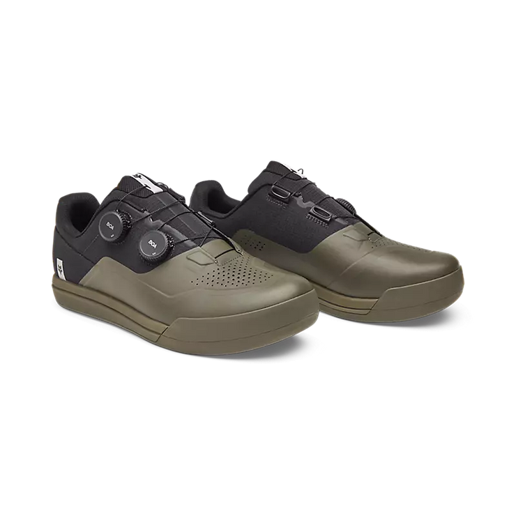 Fox Union Boa Clipless Shoe, military green, full view of pair.