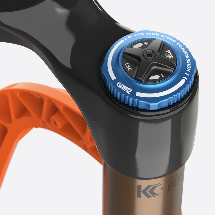 FOX 38 K Float Fork - 27.5", 170mm, 110mm Kabolt-X, 44mm Offset, Grip 2, top cap closeup view