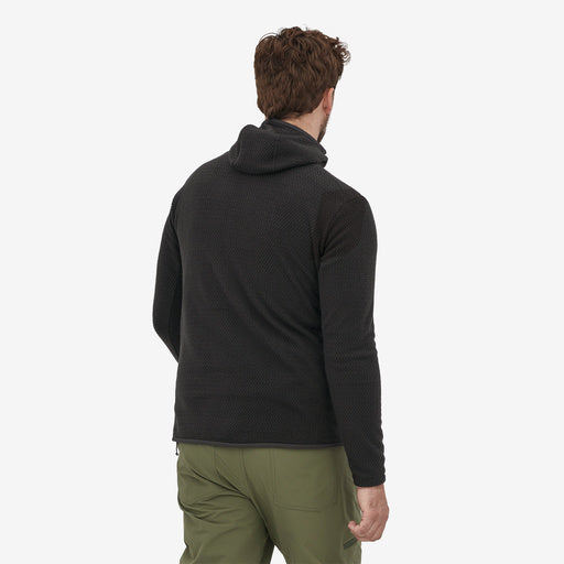 Patagonia Men's R1 Air Full-Zip Hoody, black, back view on model.