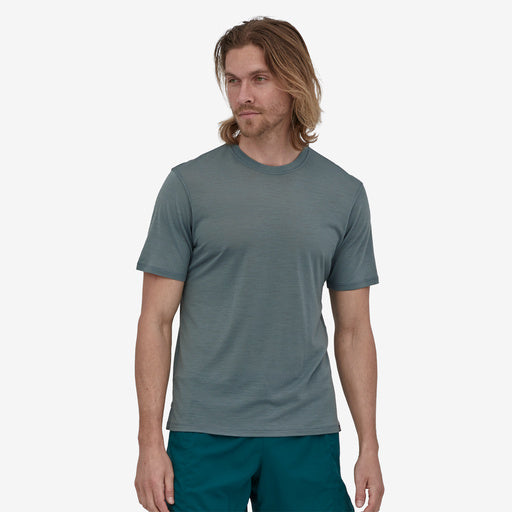 Patagonia Men's Capilene® Cool Merino Shirt, plume grey, full view on model.