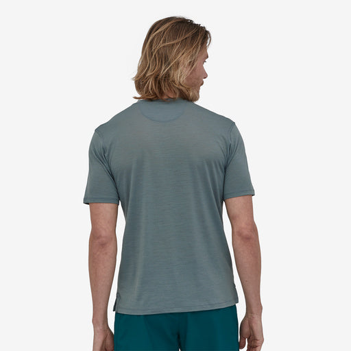 Patagonia Men's Capilene® Cool Merino Shirt, plume grey, back view on model.
