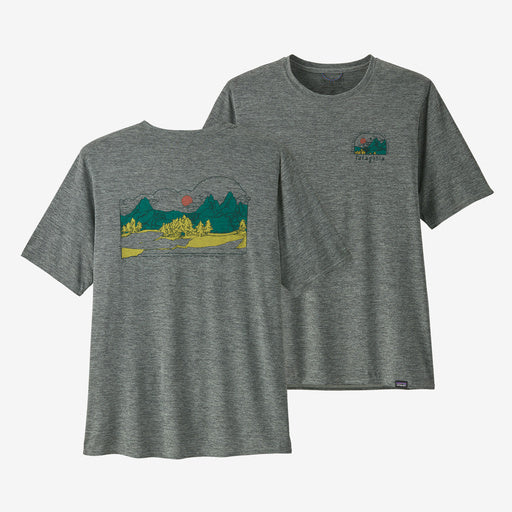 Patagonia Men's Capilene Cool Daily Graphic Shirt — Lands lost and found slate green x-dye, full view.