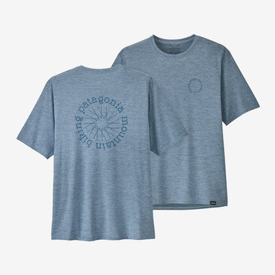 Patagonia Men's Capilene Cool Daily Graphic Shirt — Lands, spoke stencil steam blue x-dye, full view.