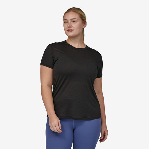 Patagonia Women's Capilene Cool Merino Shirt, black, front view on model, size large.