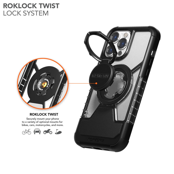 RokForm Crystal iPhone 13, Black, View of Roklock Twist Lock System