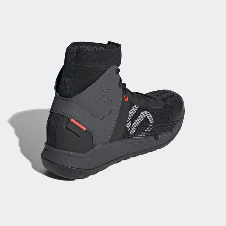 Five Ten Trailcross Mid Pro Mountain bike shoe, Core Black / Grey Two / Solar Red, heel view.