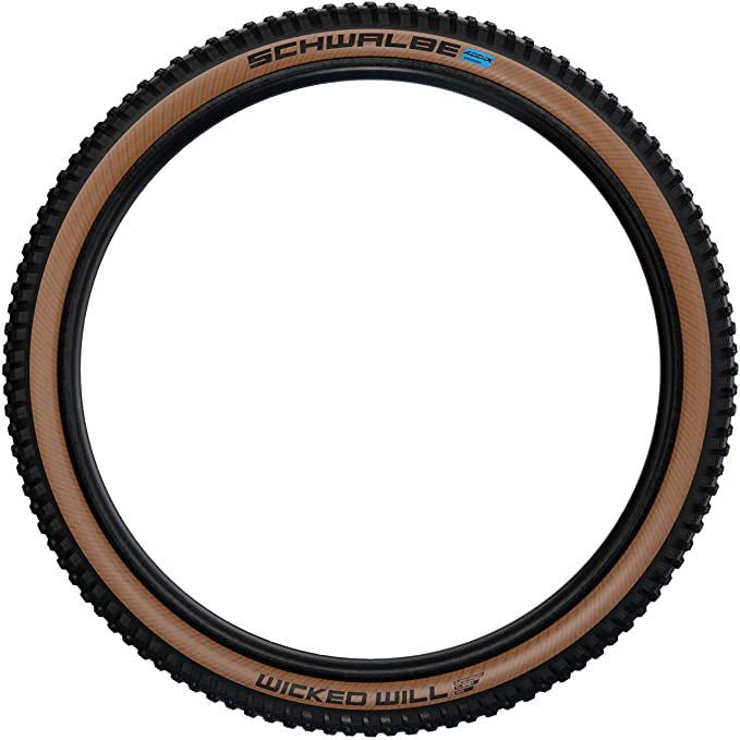 Schwalbe Wicked Will Super Race Mountain Bike Tire 29 x 2.4, black/tan, side view.