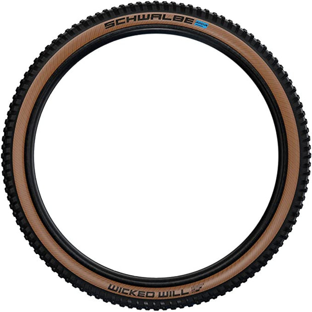 Schwalbe Wicked Will 29 x 2.4, Black/Tan, Super Race, Addix SpeedGrip Mountain Bike Tire, profile view.