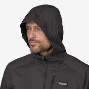 Patagonia Men's Houdini Air Jacket, black, hood view on model.