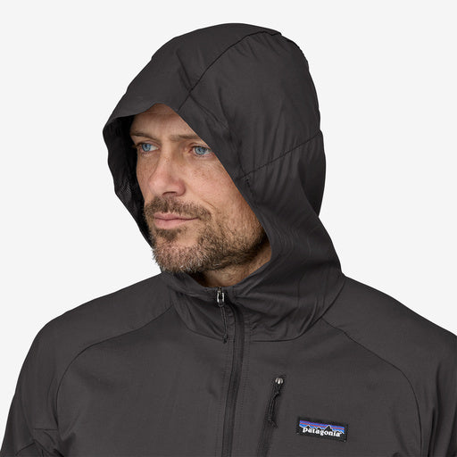 Patagonia Men's Houdini Air Jacket, black, hood view on model.