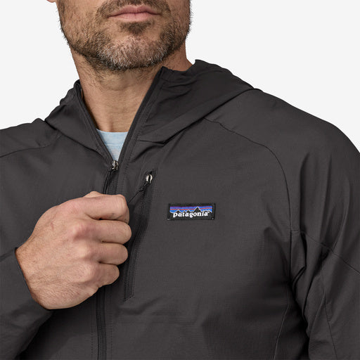 Patagonia Men's Houdini Air Jacket, black, zipper view on model.