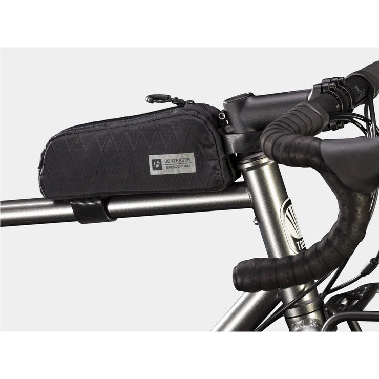 Bontrager Adventure Top Tube Bag, black, full view on bicycle.