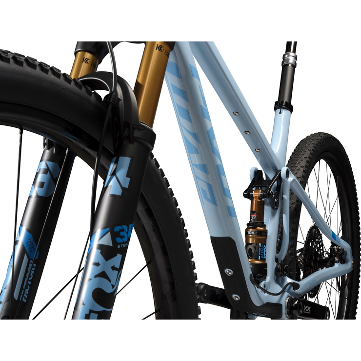 2024 PIVOT MACH 4 SL Pro X0 Eagle — XC Build, Carbon Wheels, ice blue, downtube view.